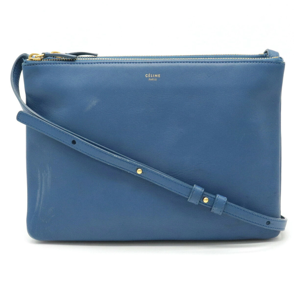 Celine Trio Crossbody Bag Pouch Clutch Lambskin Leather Blue